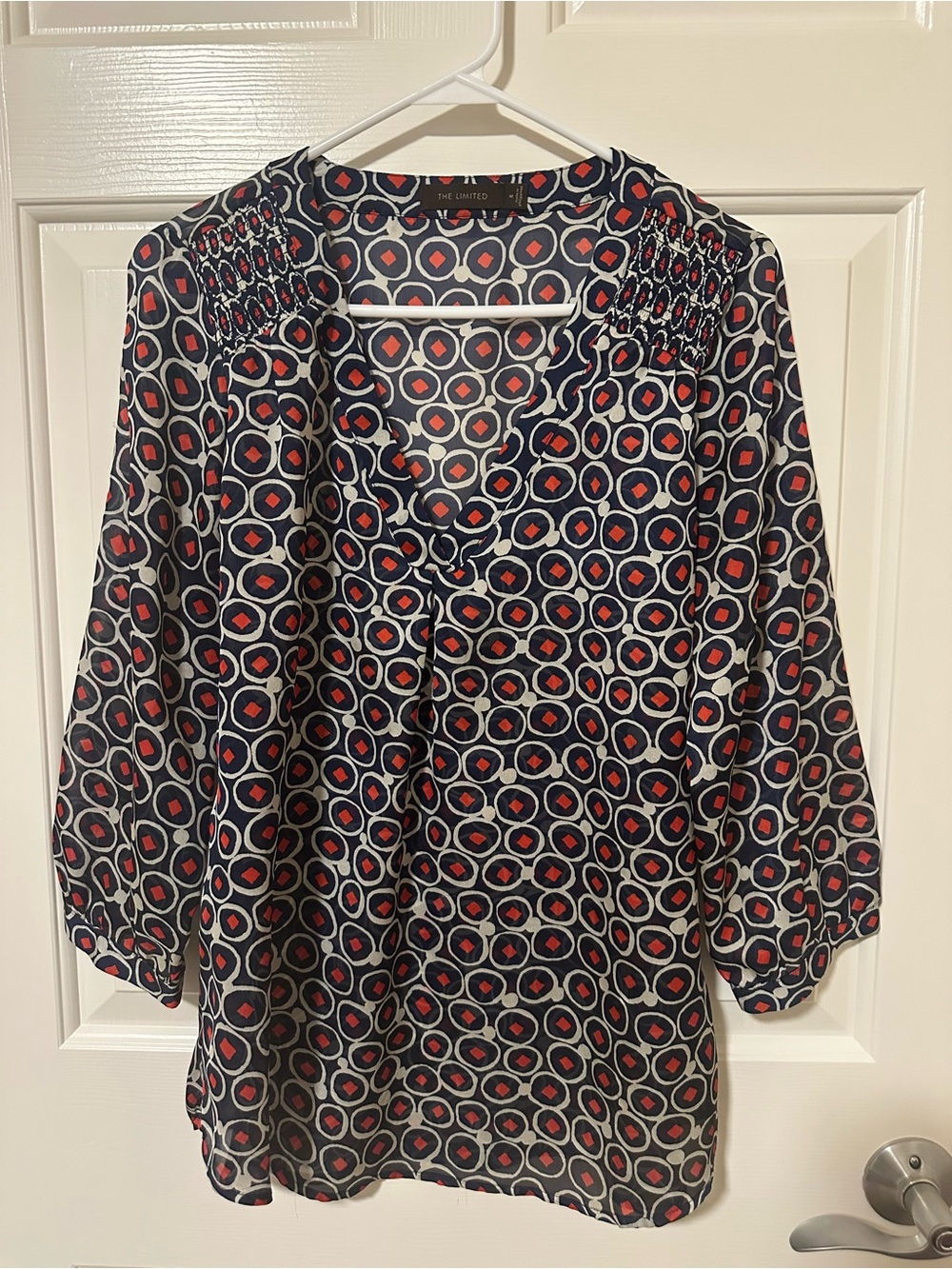 Limited Women’s Navy Blue Geometric Sheer V Neck 3/4 Sleeve Blouse Size Medium M